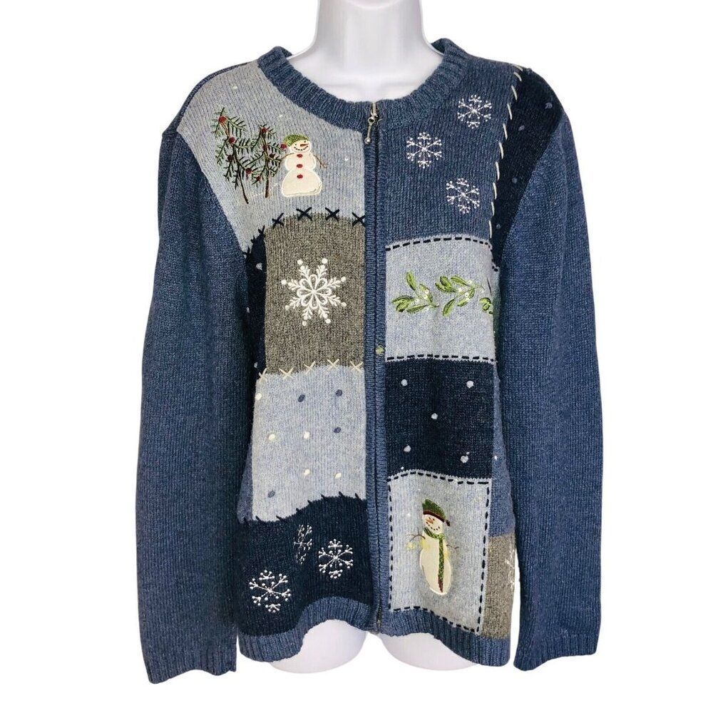 Womens Sweater L Blue Cardigan Zip Up Casual Winter Snowmen